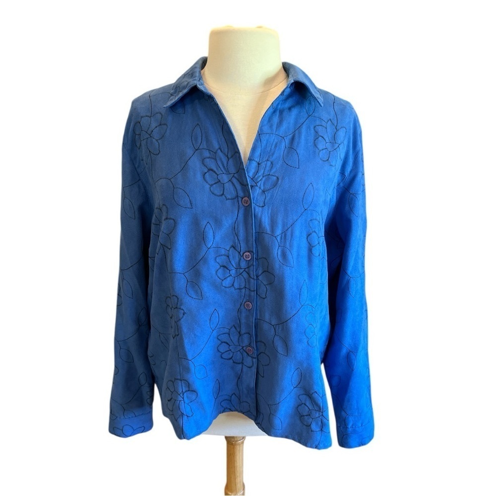 Sag Harbor Blue Faux Suede Embroidered Floral Long Sleeve Button Shirt Size XL‌‍